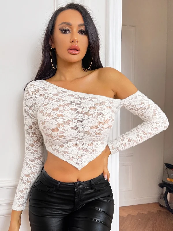 Weekend Specials You Can't Miss Sexy Plain Sheer Long Sleeve Asymmetrical Neck Asymmetrical Crop Women Top