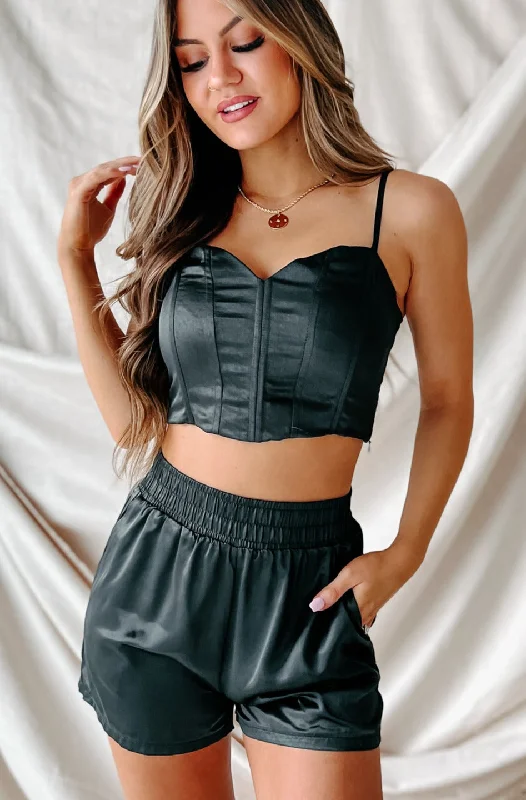Deal Alert Style And Profile Satin Corset Crop Top (Black)