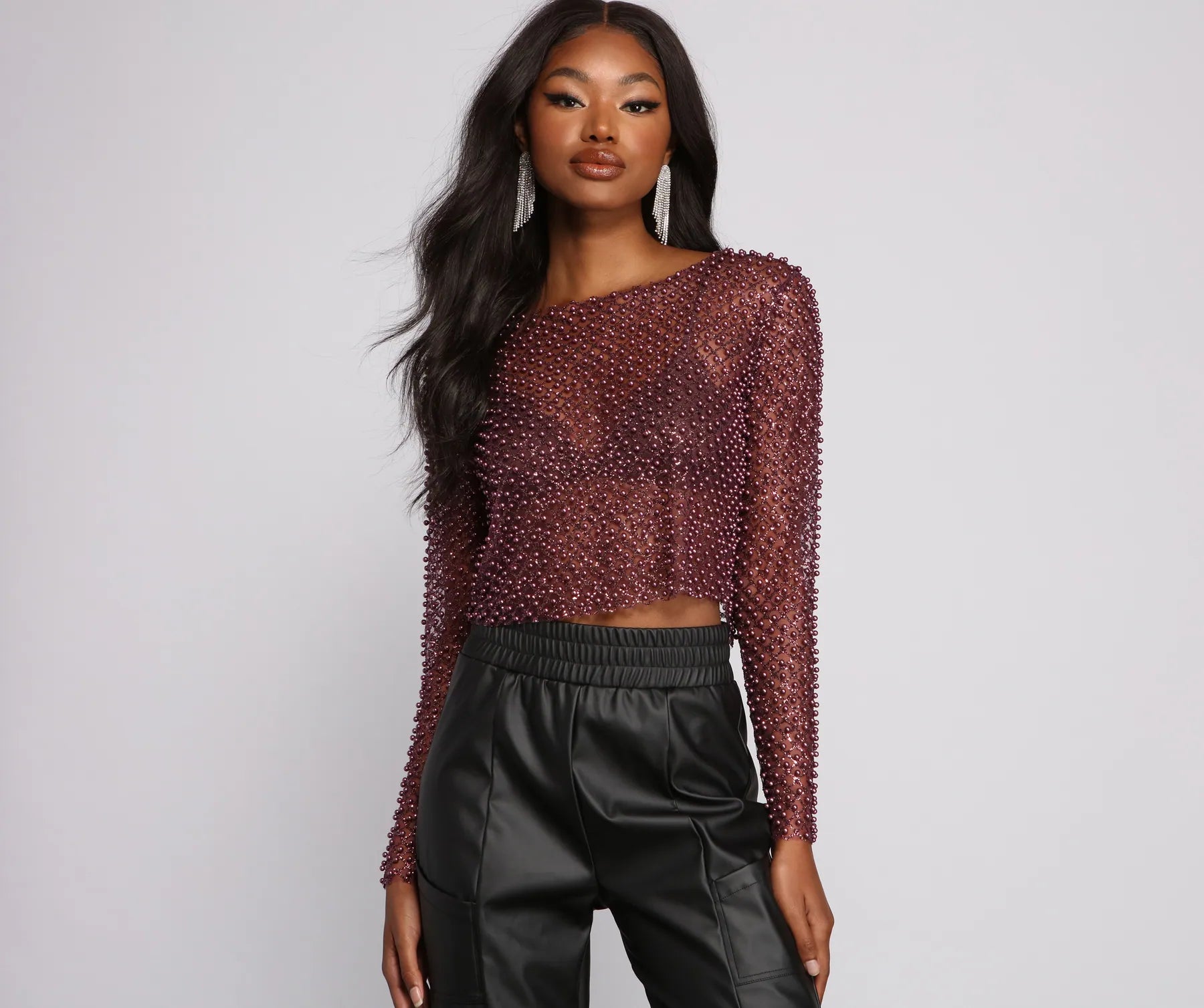 Closeout Deal Feelin' Glamorous Glitter Mesh Crop Top