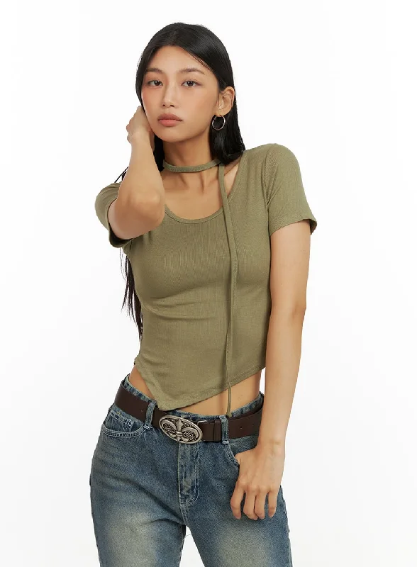 Weekend Bargains to Relish Unbalanced Solid Crop Top with Thin Scarf Set IU412