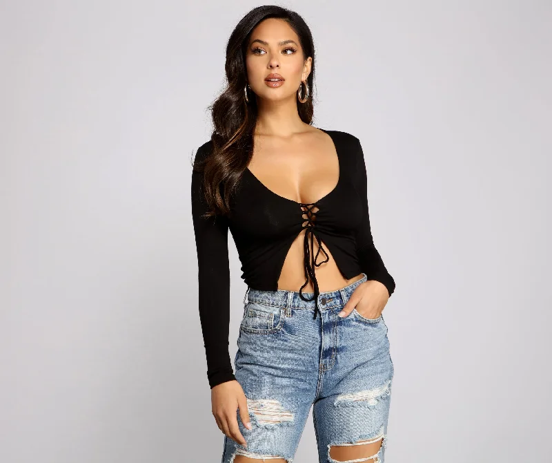Weekend Savings Bonanza Basic Lace-Up Crop Top