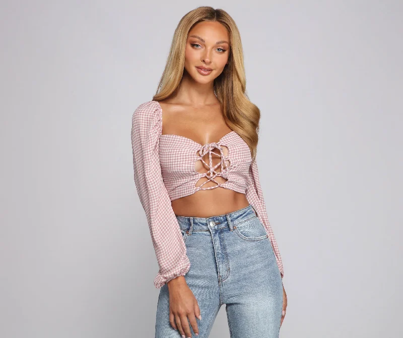 Weekend Wonders Await! Lace-Up Gingham Crop Top