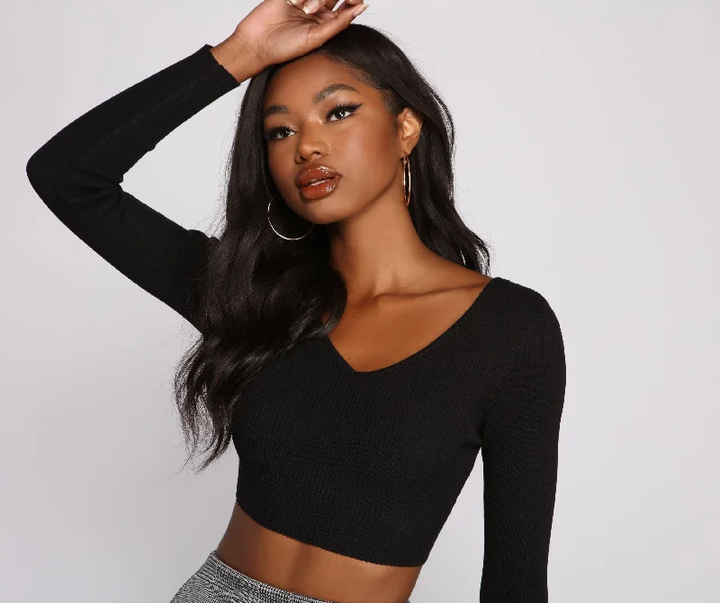 Exclusive Offer Ribbed Knit Long Sleeve Cropped Sweater