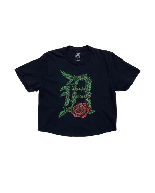 Early Bird Ink Detroit - Old English D Rose - Oversize Crop T-Shirt - Black
