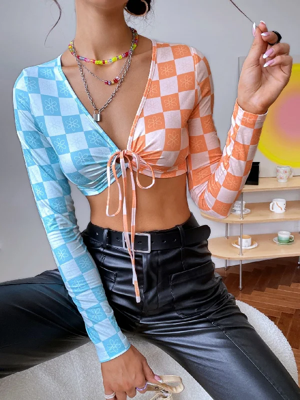 Weekend Bargains to Enjoy Sexy Plaid Drawstring Long Sleeve V Neck Crop Women Top