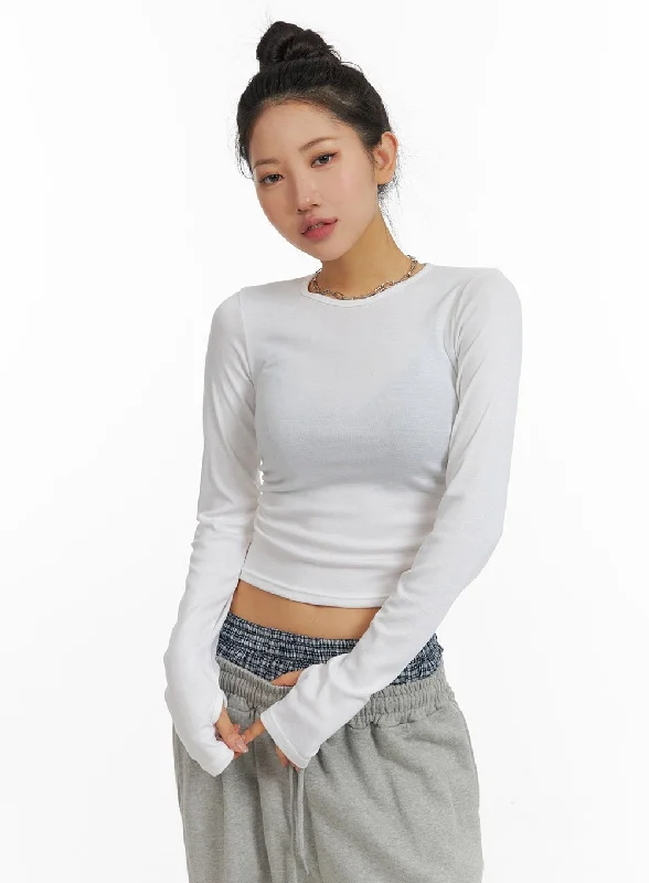 Deep Savings Solid Long Sleeve Crop Top CM408