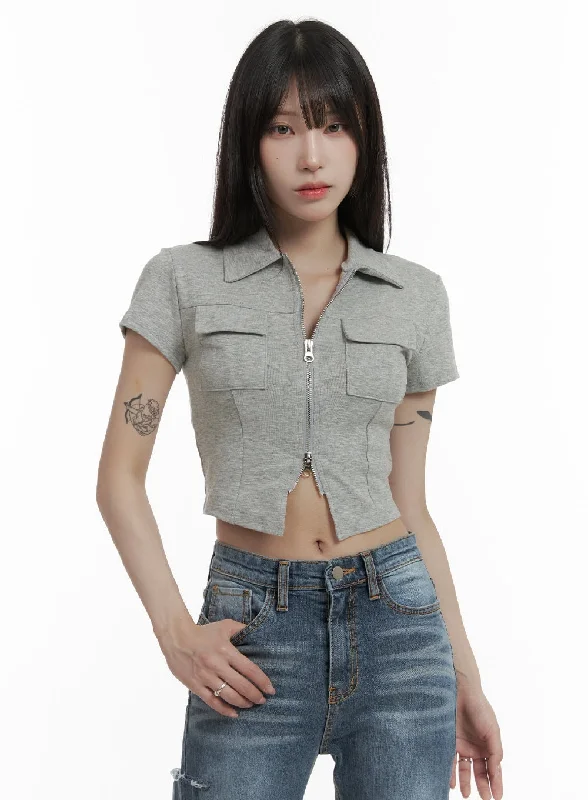 Celebrate the Weekend with Discounts Double Zipper Collar Cropped Shirt CA426