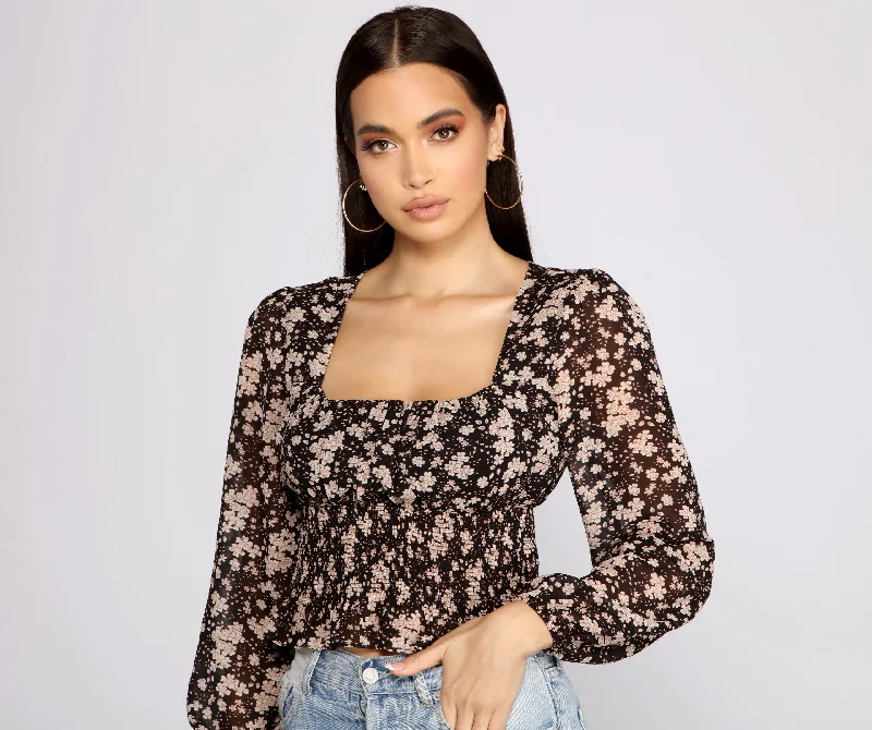Weekend Price Cuts Galore Floral Charm Smocked Long Sleeve Top