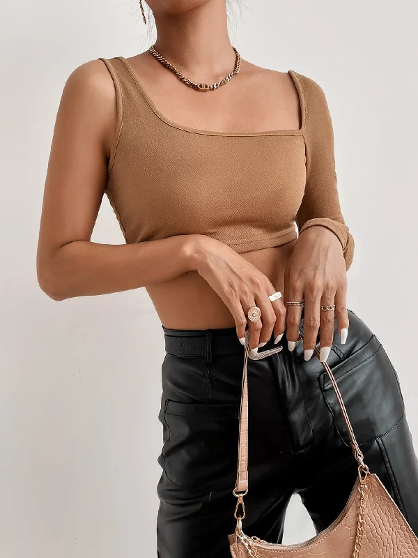 Weekend Deals That Thrill Casual Plain Long Sleeve Asymmetrical Neck Crop Women Top