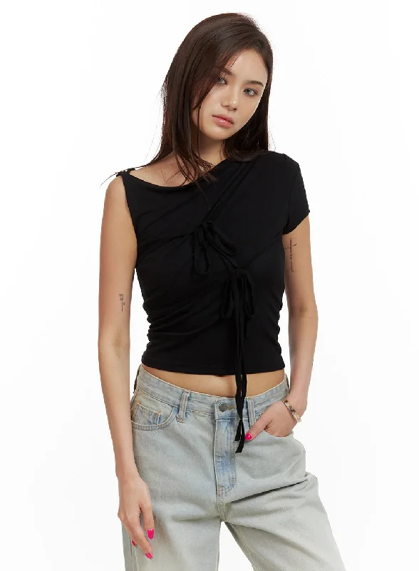 Unwind with Weekend Discounts Unbalanced Ribbon Twist Crop Top CU417