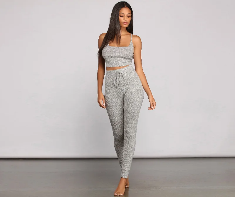 Low Cost Casual Ribbed Knit Pajama Tank And Leggings Set