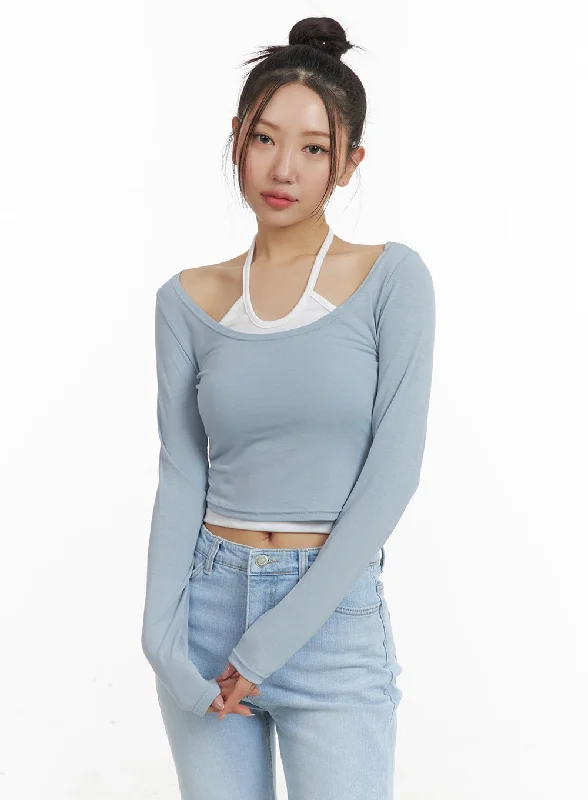 Weekend Savings Delight Cold Shoulder Halter Long Sleeve Top OA402