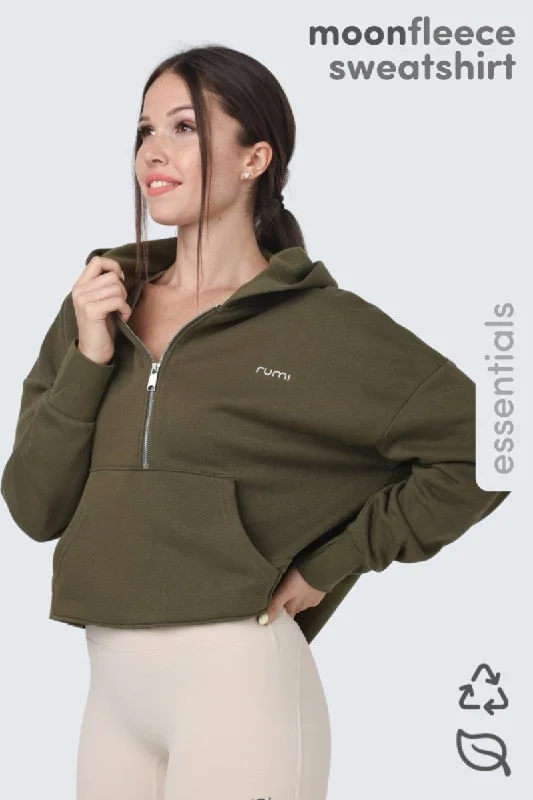 Massive Deal W Moon Cropped Sweatshirt Fleece Hoodie + Zip - Olive Deep