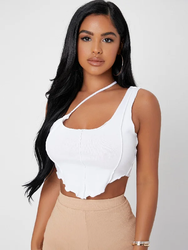 Clearance Sale Sexy Plain Asymmetrical Sleeveless Asymmetrical Neck Asymmetrical Crop Women Top
