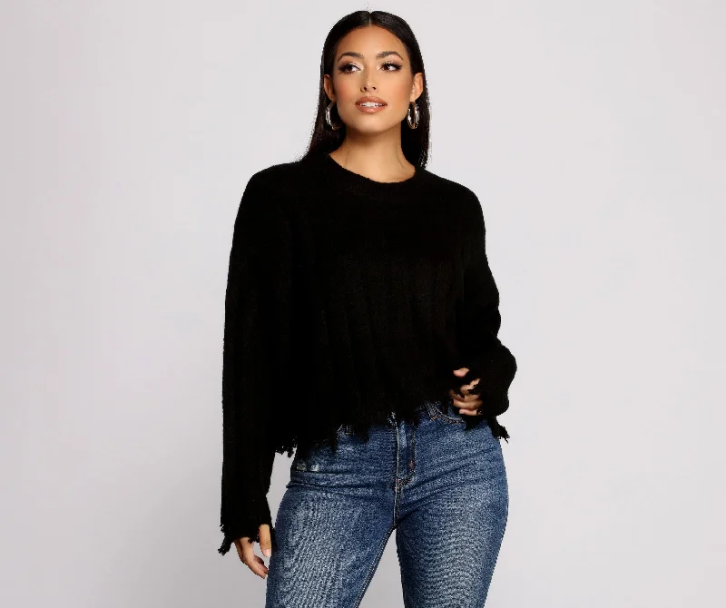 Weekend Bargains Just for You Destructed Knit Long Sleeve Cropped Sweater