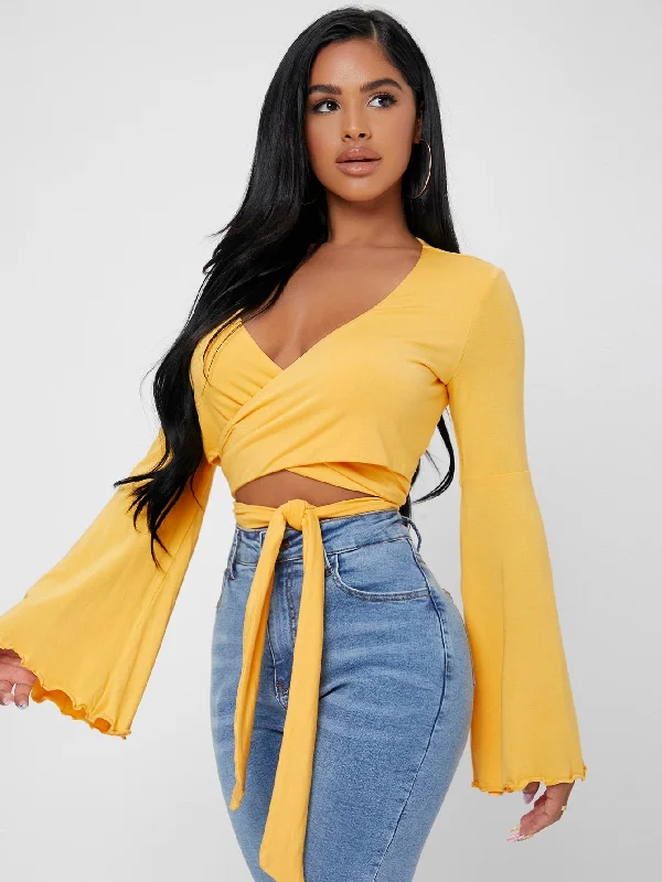 Bonus Offer Sexy Plain Tie Front Long Sleeve Deep V Neck Crop Women Top