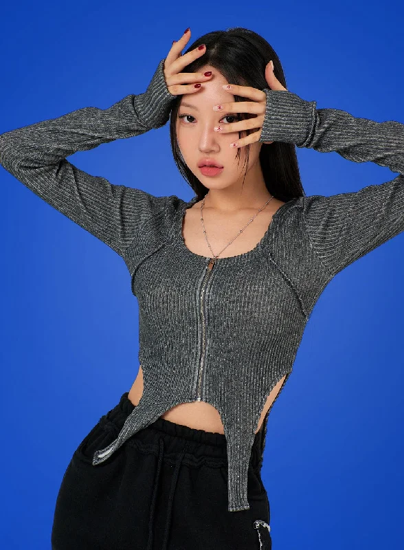 Weekend Specials to Enjoy Solid Wool Blend Zip-Up Crop Top IJ402