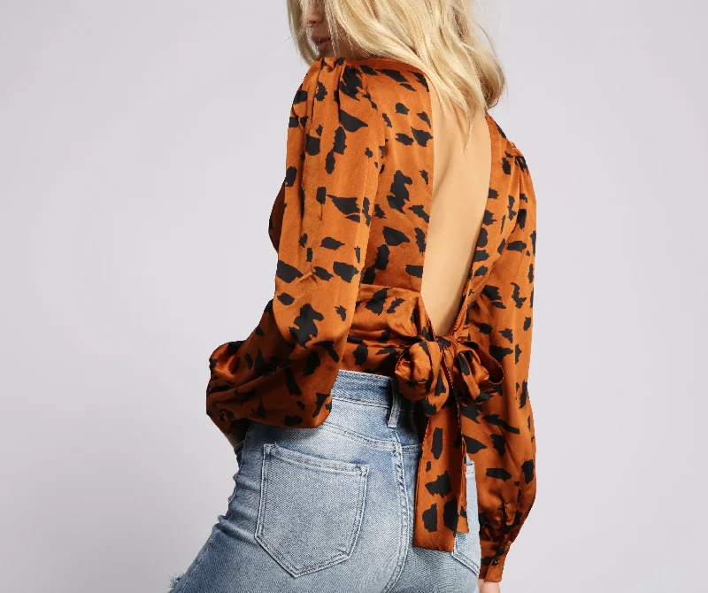 Massive Deal Satin Leopard Print Open Back Top