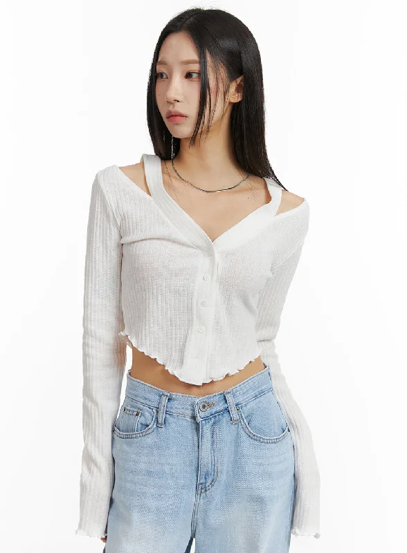 Extra Savings Cut Out Buttoned Long Sleeve Crop Top CJ408