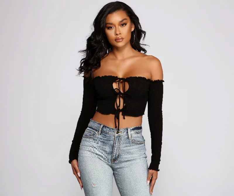 Weekend Savings Extravaganza She's So Trendy Off The Shoulder Crop Top
