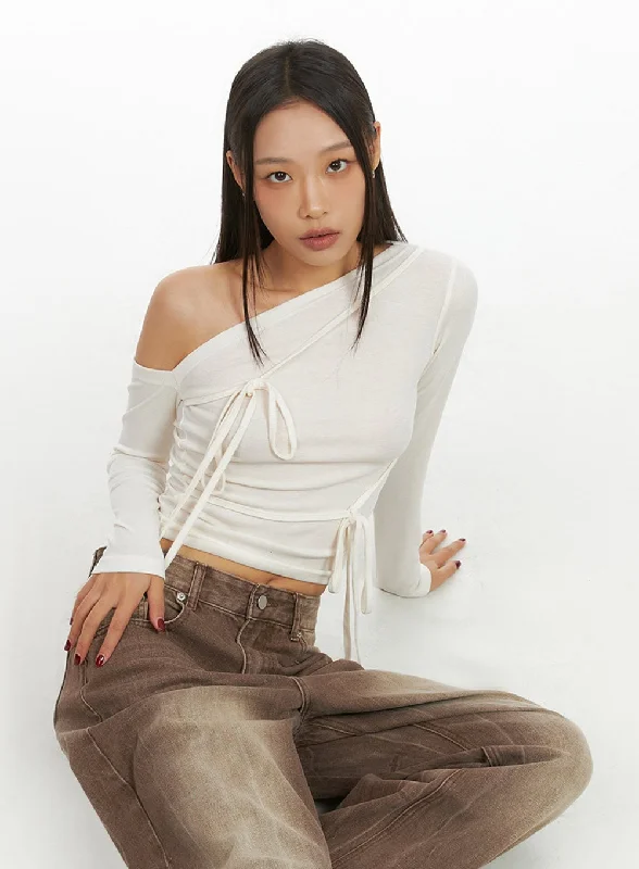 Weekend Specials to Relish Unbalanced Strap Detail Long Sleeve Top IS427