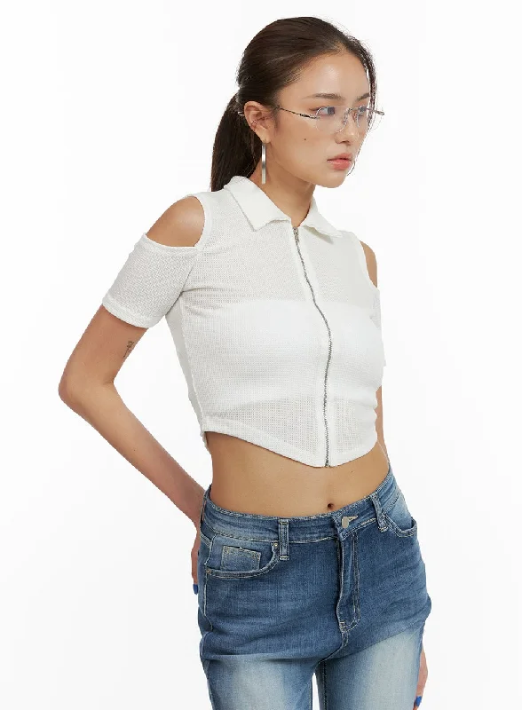 Big Deal Shoulder Cut Out Collar Crop Top CY431