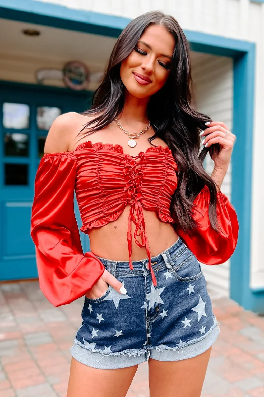 Weekend Shopping Made Better Taking Names Ruched Lace-Up Crop Top (Red)