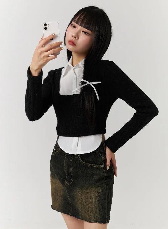 Weekend Offers That Tempt Layered Shirt Buttoned Crop Top CJ404