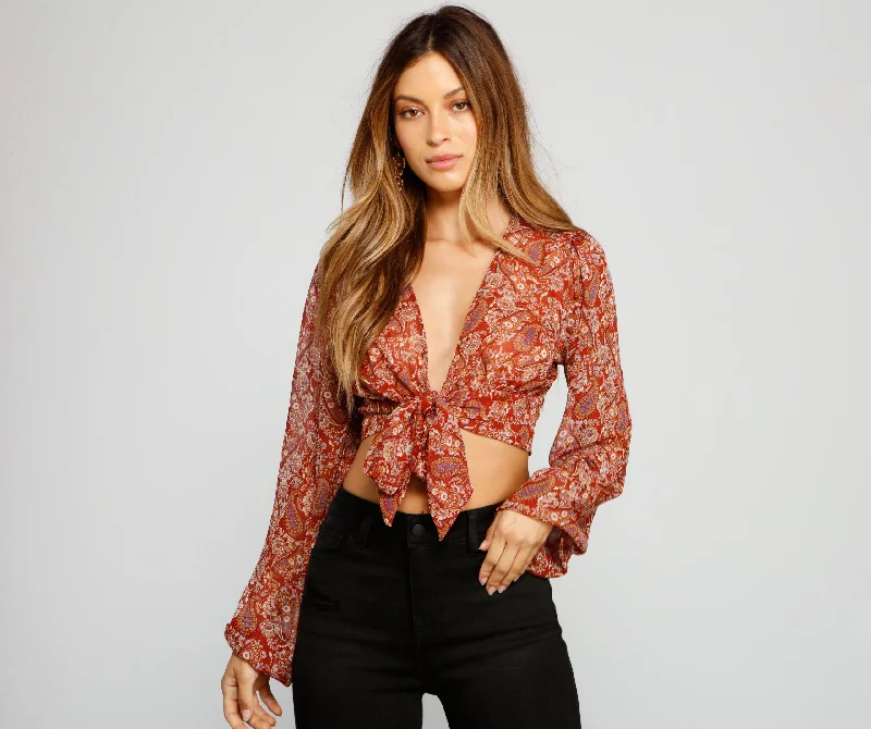 Weekend Bargains to Cherish Retro Babe Chiffon Paisley Print Tie-Front Blouse