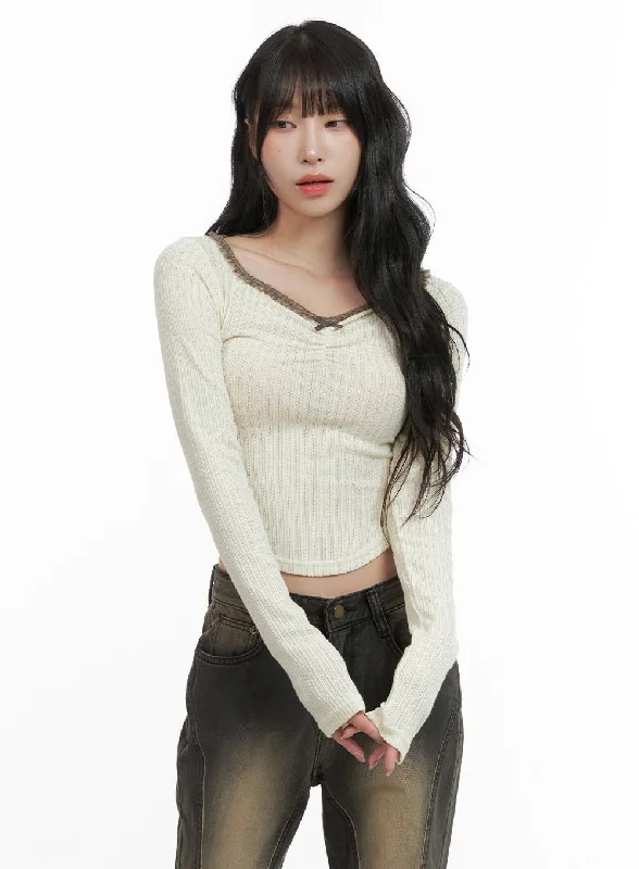 Extra Discount Wide Neck Ribbed Lace Slim Crop Top CG421