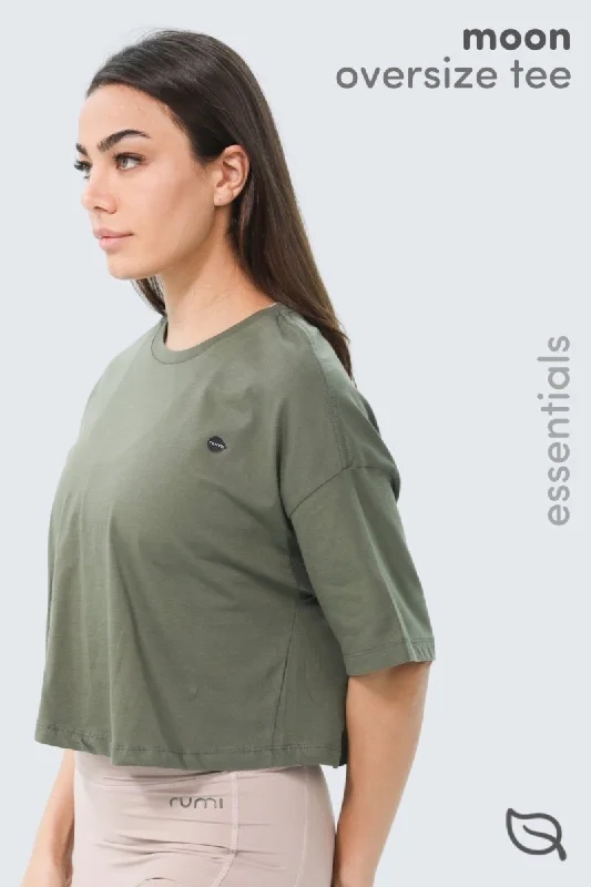 Half Price W Moon Oversized Cropped Tee - Olive