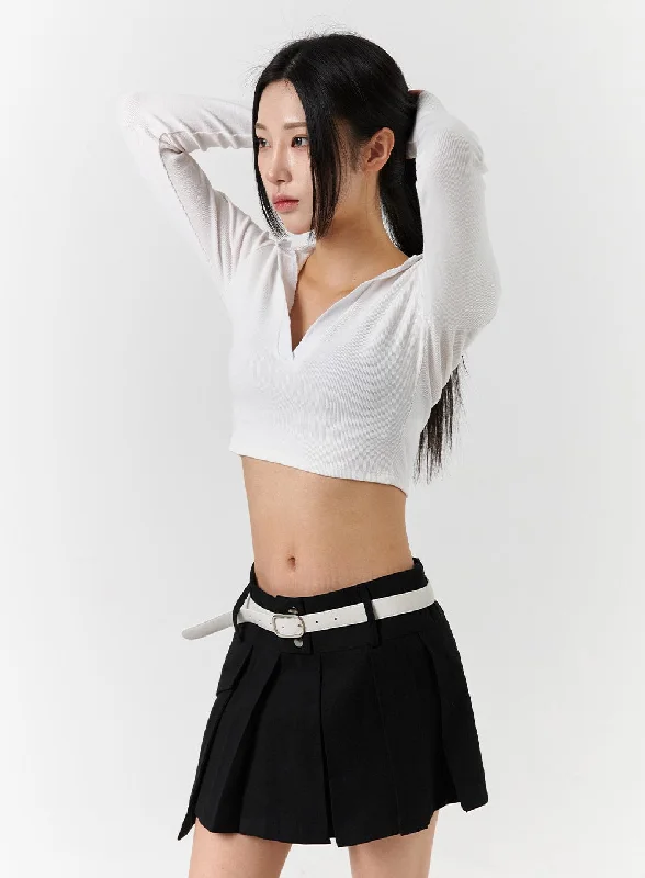 Weekend Discounts to Snag V-Neck Collar Long Sleeve Crop Tee CD322