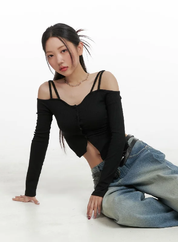 Massive Savings Cold Shoulder Button Ribbed Crop Top CA416