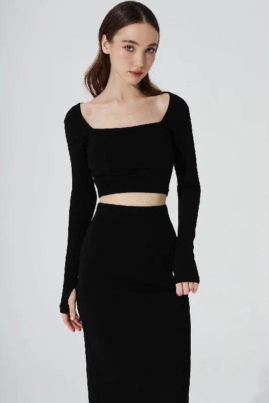 Super Savings Zeya Knitted Long Sleeve Crop Top - Noir