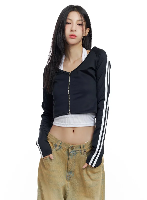 Weekend Bargains to Savor V-Neck Zippered Sporty Crop Track Top CO425