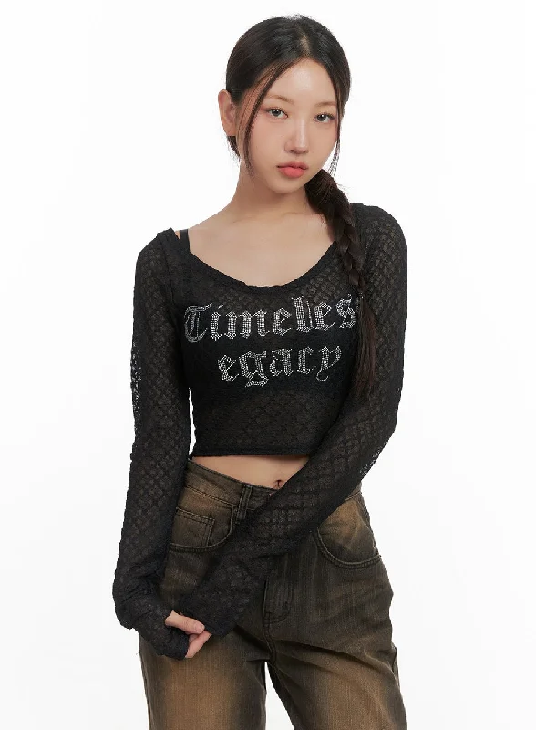 The Best Prices Lettering Mesh Crop Long Sleeve Tee CO404
