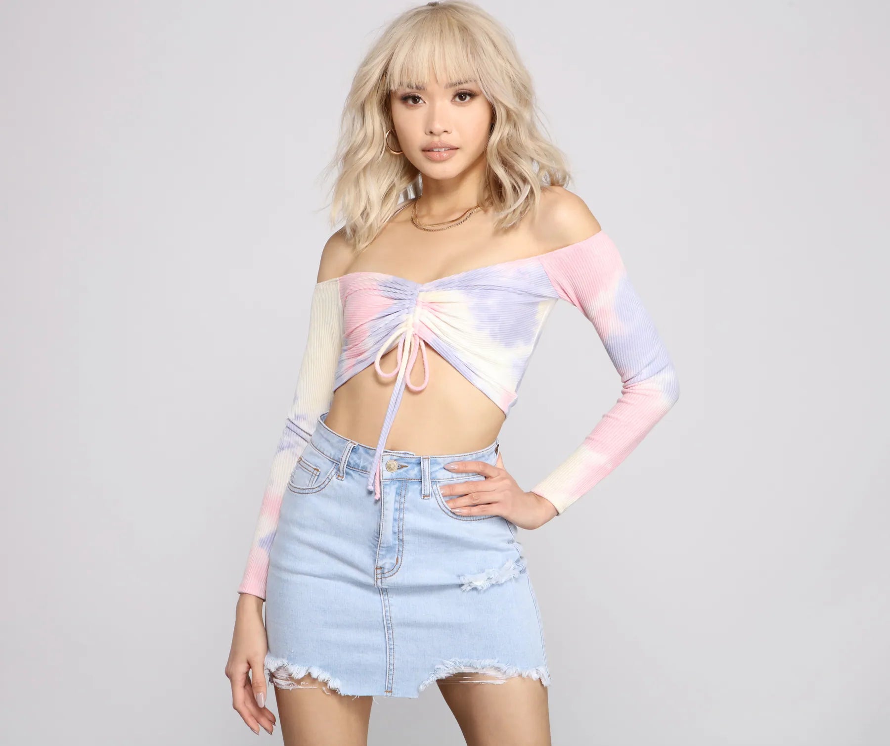 Stock Up Off The Shoulder Tie Dye Ruched Top