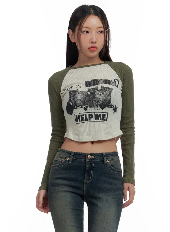 Deep Savings Graphic Raglan Cotton Crop Top CS424
