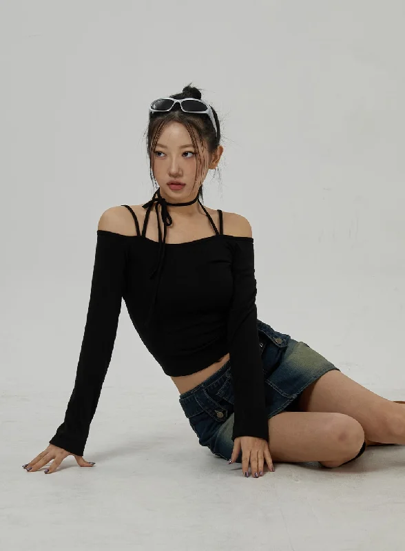 Weekend Deals to Brighten Your Day Neck Ribbon Detail Long Sleeve Cropped Top CD21