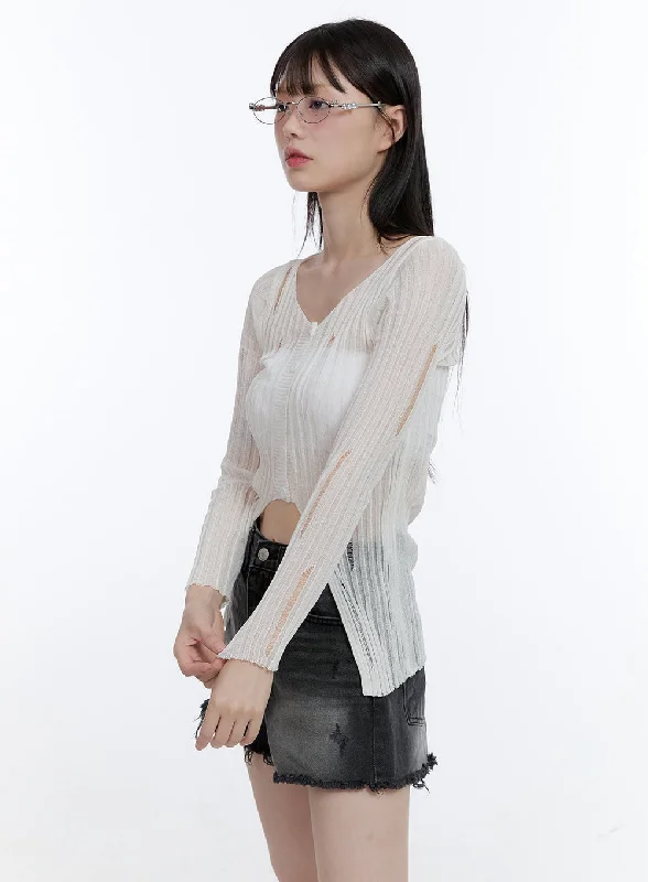 Weekend Savings Spree Buttoned V-Neck See-Through Top CG412