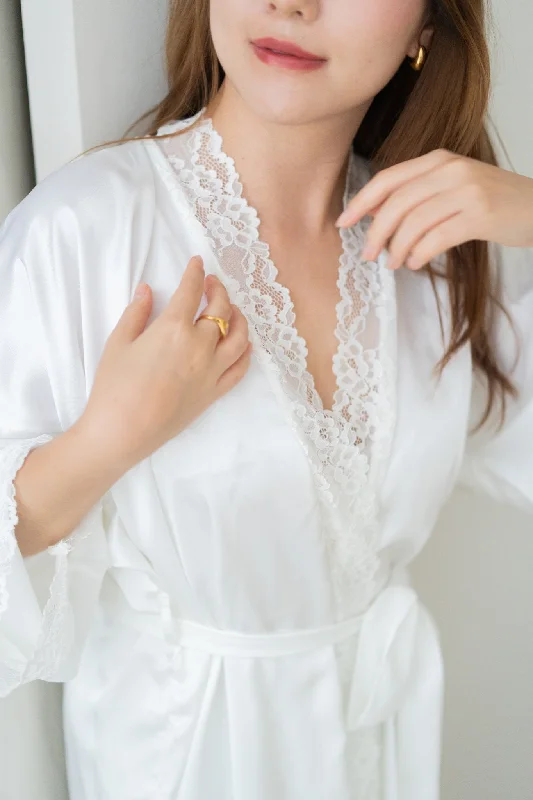 Big Savings Aimee Lace Trim Silk Robe (White)