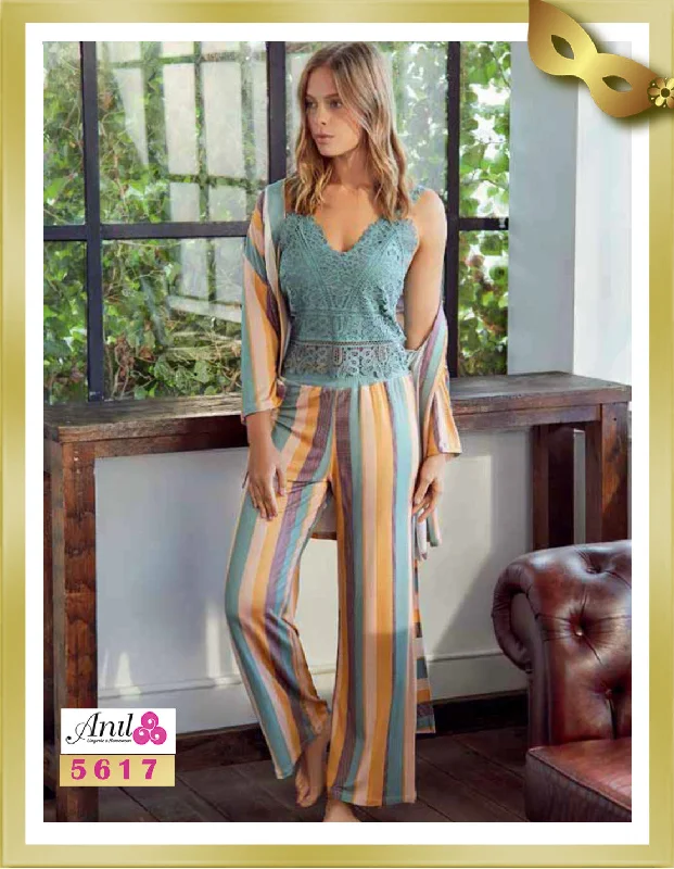 Weekend Savings Spectacular Striped Robe and Pant with Lace Bustier Pajamas Set (3pcs) 5617