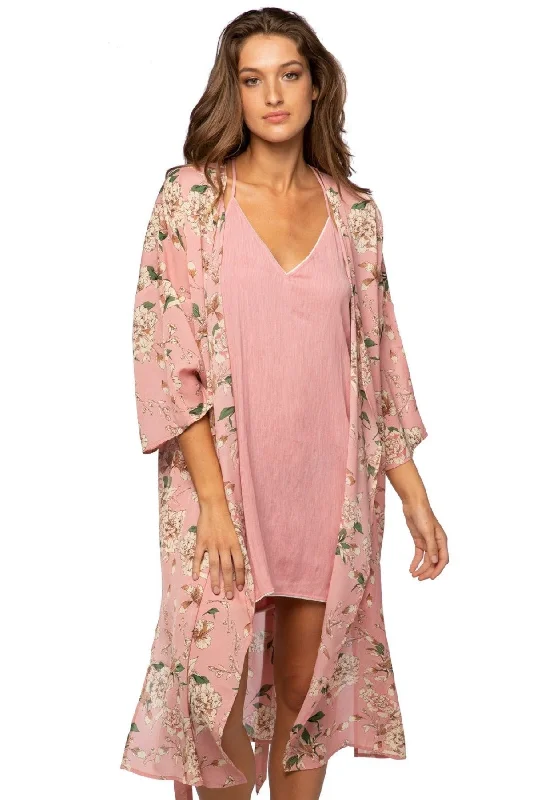 Great Bargain Bed to Brunch Kimono Coverup Robe in Peony Petals Print