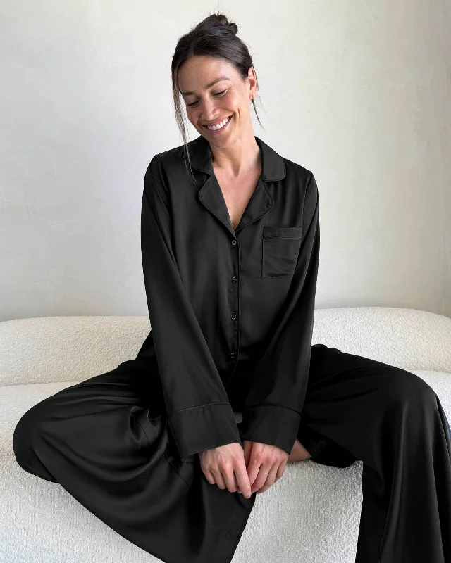 Weekend Specials to Delight Black Satin Silk PJ Set