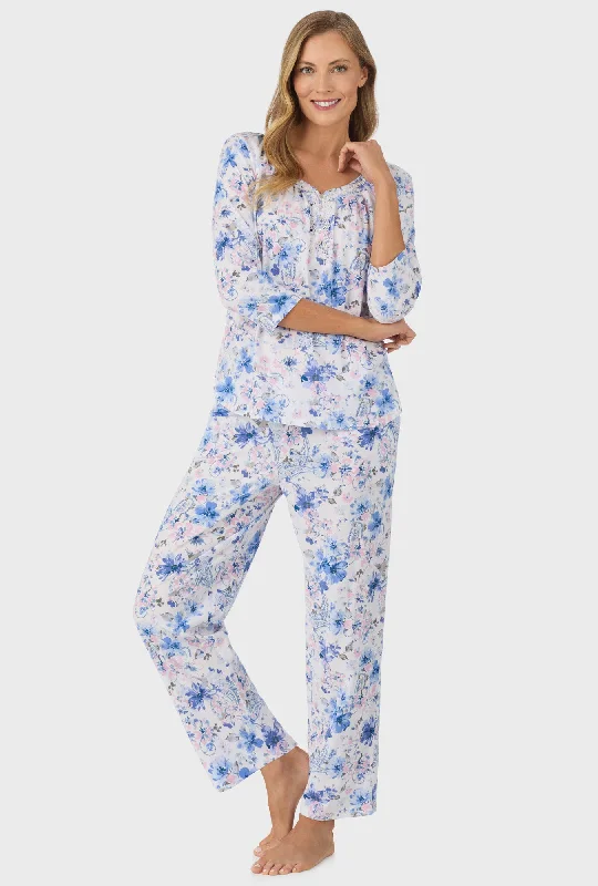 Online Exclusive Blue and Blush Pink Paisley Floral  3/4 Sleeve Long Pant PJ Set