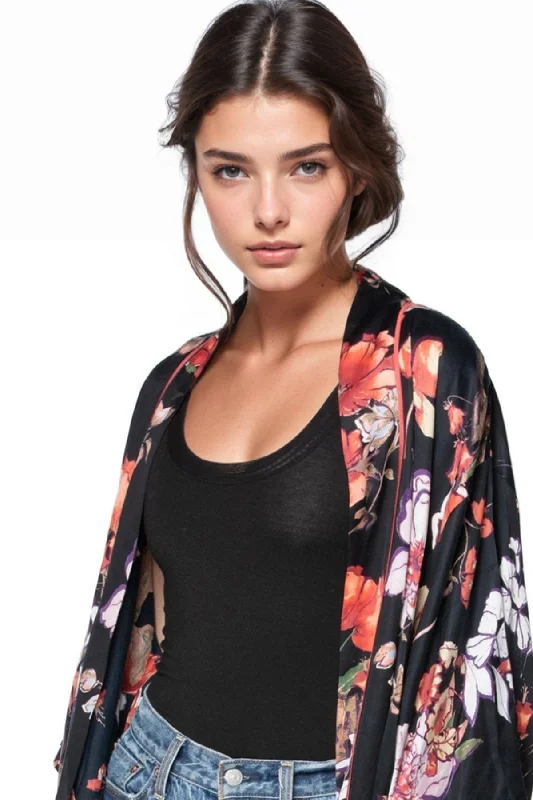 Bonus Offer Blushing Floral Print | Satin Kimono Robe in Black | Loungerie