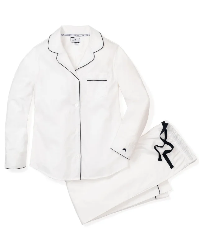 Special Offer Women's Twill Pajama Set in White with Navy Piping
