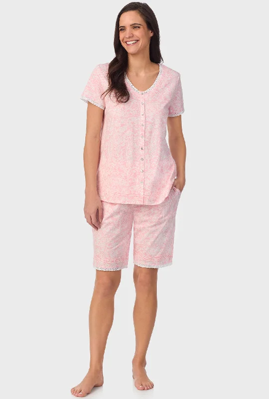 Savings Soar This Weekend Coral Pink Paisley Cap Sleeve Bermuda Pant PJ Set