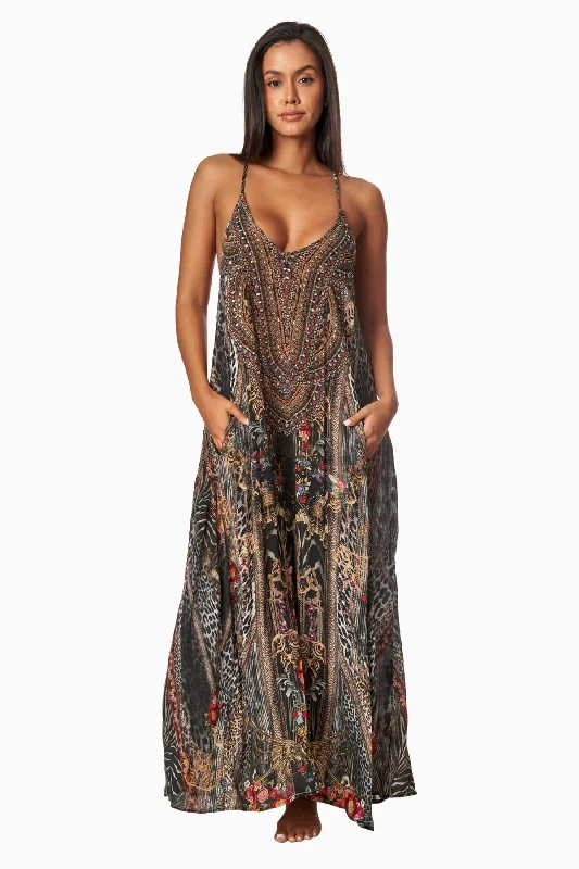 Price Drop Eclectic Jungle T-back Maxi Dress with Front Pockets