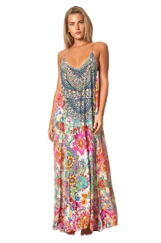 Weekend Savings Bonanza Eden Garden Bohemian T-back Maxi Dress with Front Pockets